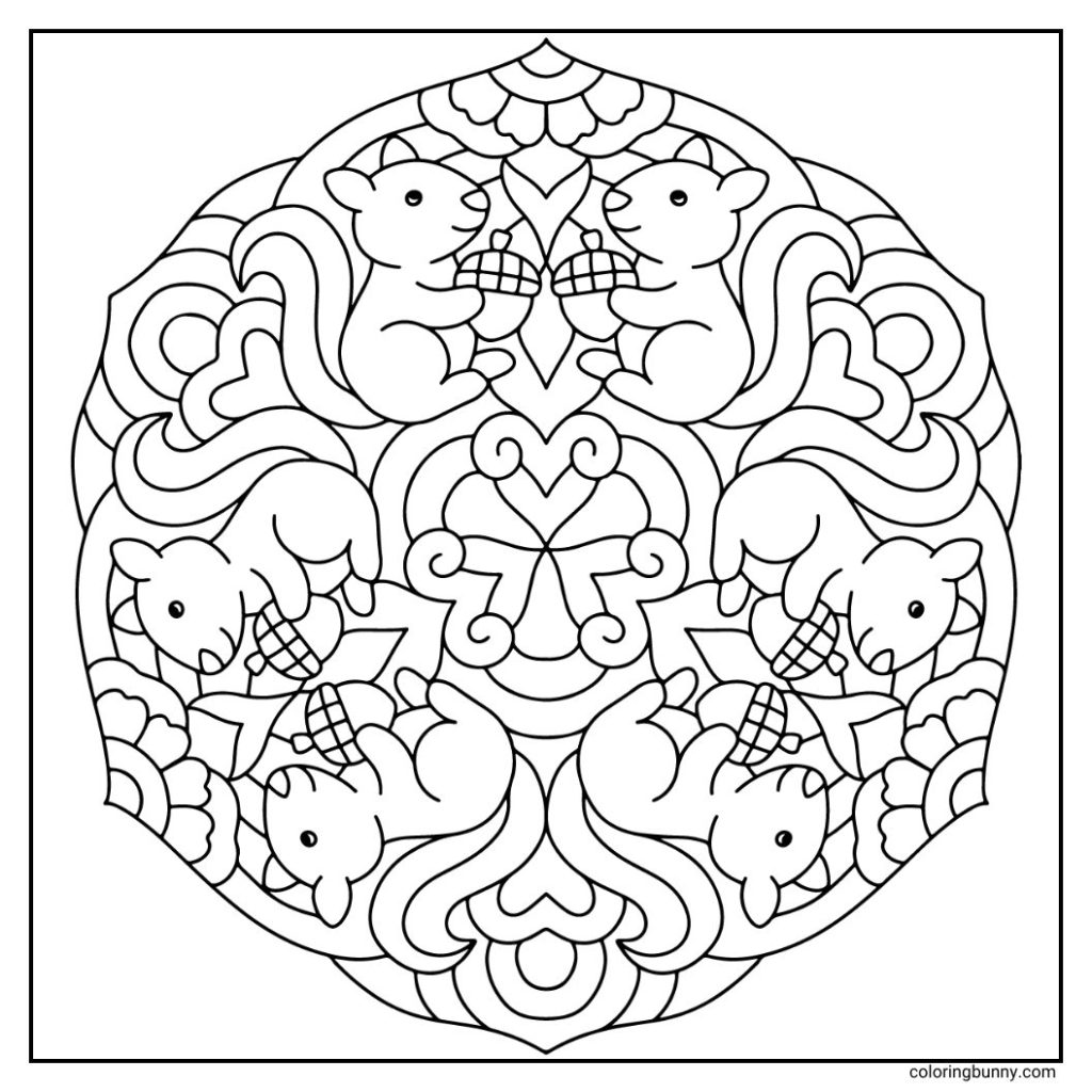 A hand-drawn fall mandala featuring playful squirrels holding acorns, arranged in a radial pattern with leafy accents. The design captures the lively spirit of woodland wildlife during fall, making it a charming seasonal coloring page.