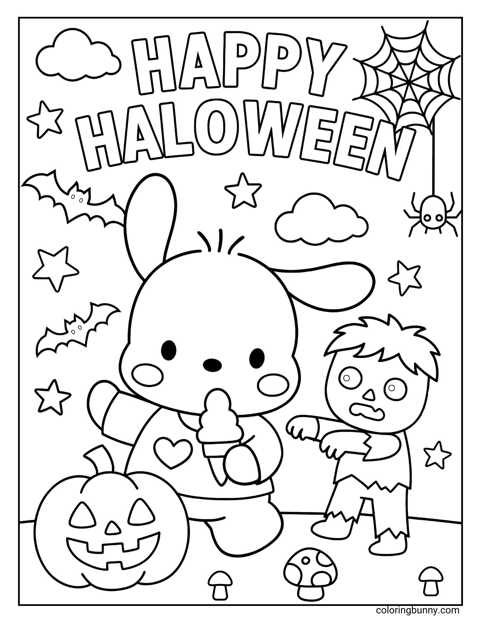 Cute Pochacco Halloween coloring sheet with pumpkin, zombie, bats, spiderweb, and festive spooky details.