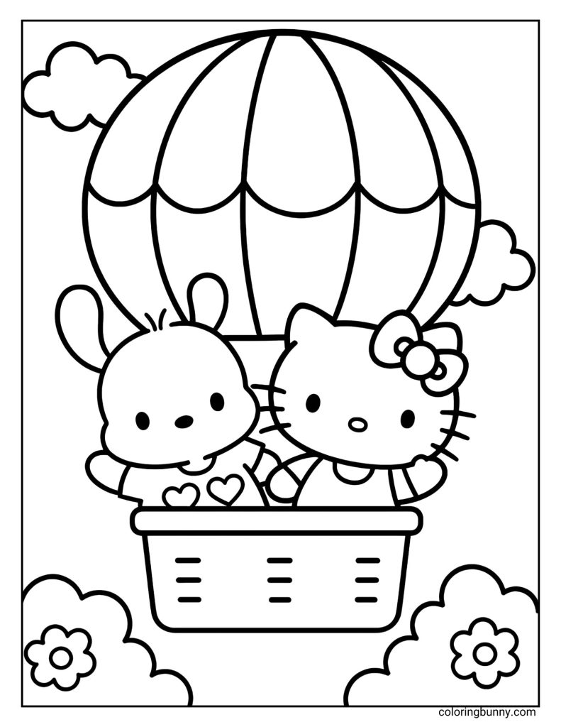 Coloring page of Hello Kitty and Pochacco sharing a joyful hot air balloon ride, surrounded by fluffy clouds and flowers, enjoying a breezy sky adventure together.