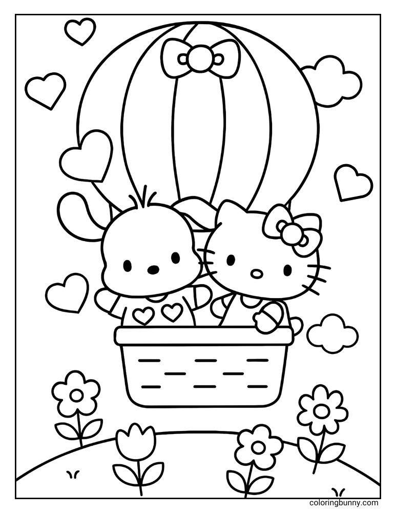 Black and white coloring page of Hello Kitty and Pochacco in a hot air balloon decorated with bows and surrounded by hearts, drifting above a meadow of flowers and fluffy clouds.