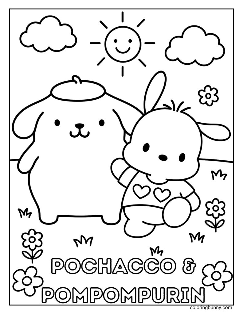 A coloring page of Pochacco and Pompompurin in a meadow with flowers.