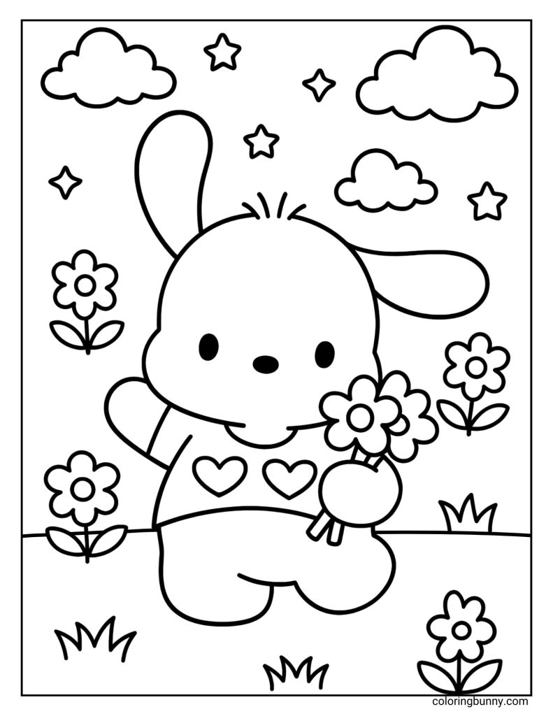 Coloring page of Pochacco standing in a field, holding a bouquet of flowers and waving. The background features fluffy clouds, twinkling stars, and more flowers scattered around, creating a joyful and whimsical scene.