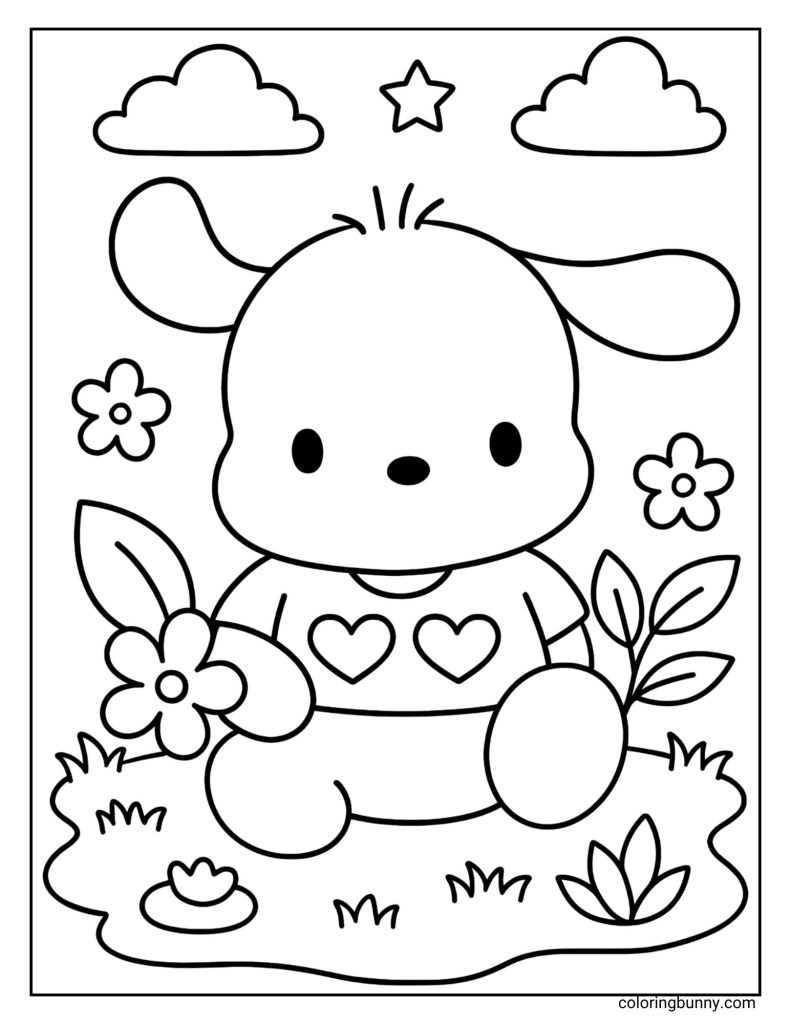 Cute Pochacco coloring page showing the character sitting on the ground with plants and grass, holding a single flower. The background includes fluffy clouds, a star, and more small flowers for a calm, cheerful scene.