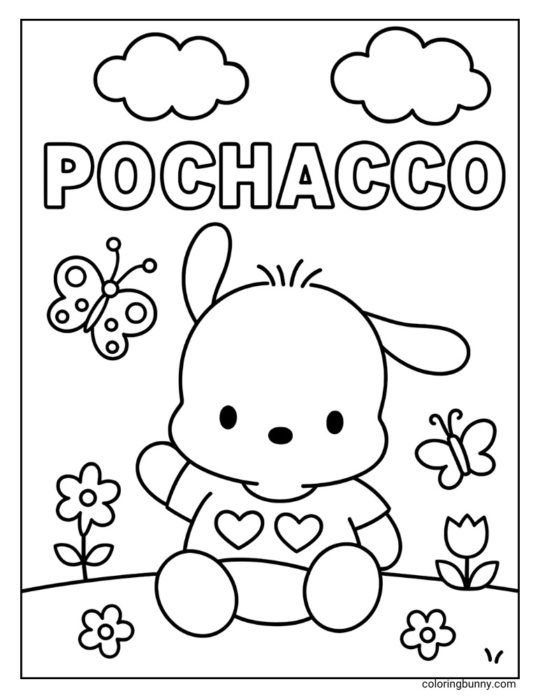 A coloring page of Pochacco sitting down surrounded by nature.