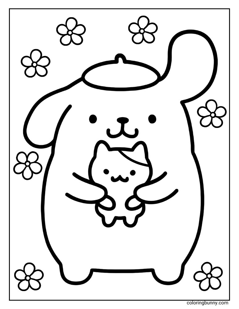 Coloring page of Pompompurin giving his hamster friend Muffin a hug, surrounded by flowers.