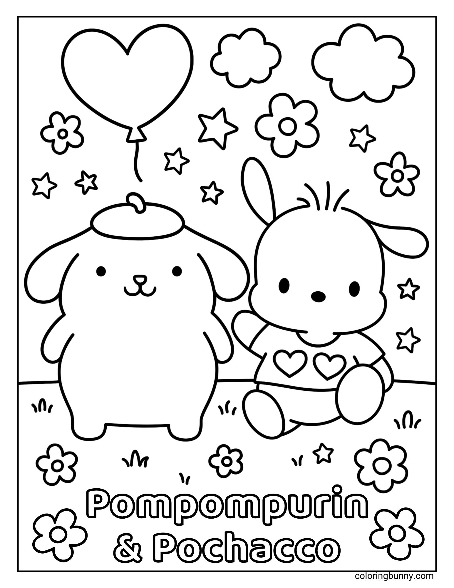 A coloring page of Pompompurin and Pochacco in a meadow with flowers and a balloon.