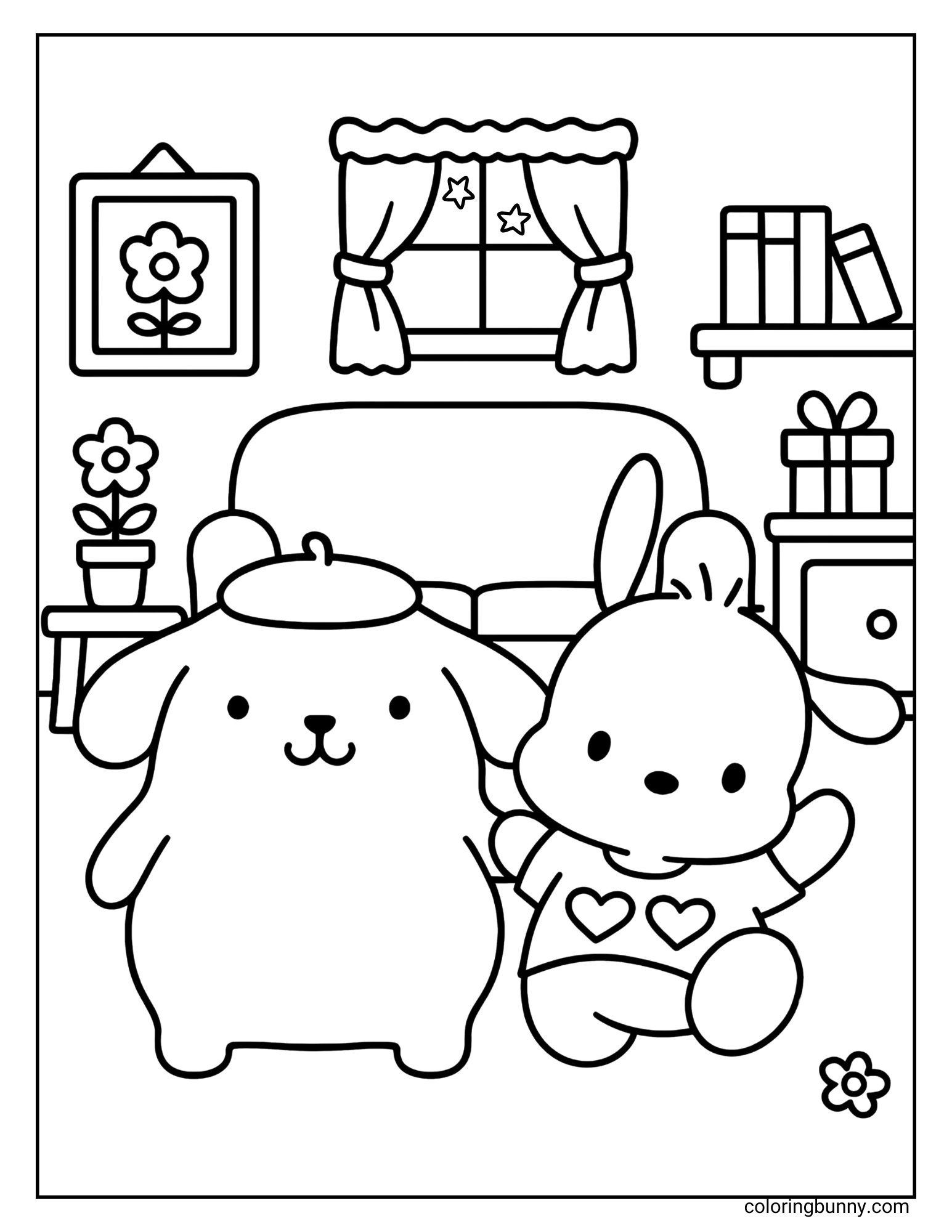 Black and white Pompompurin and Pochacco coloring page showing Pompompurin standing beside a sitting Pochacco, in a cozy indoor setting. The room features a couch, a window with curtains, a framed flower picture, bookshelves, a table with a gift, and a potted plant.