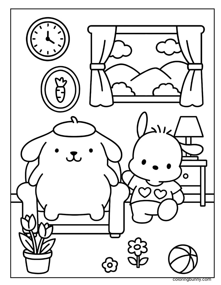 Pompompurin and Pochacco coloring page showcasing the two characters in a detailed indoor setting. The room features a large window with a landscape view, a wall clock, and various decorative elements.