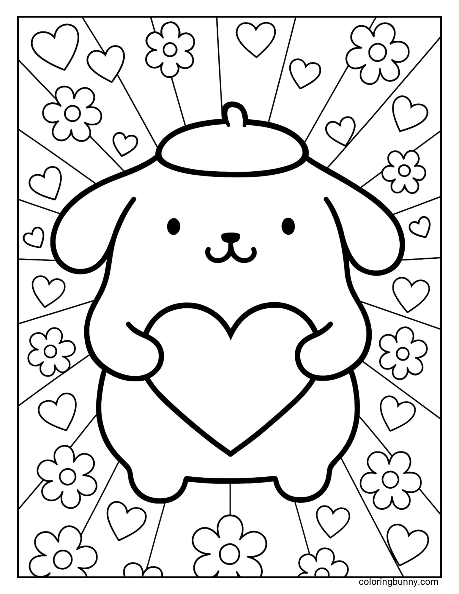 Cute Pompompurin coloring page showing the golden retriever character wearing his signature beret, holding a large heart at the center, with a background of radiating lines, floating hearts, and blooming flowers for a cheerful, love-filled design.