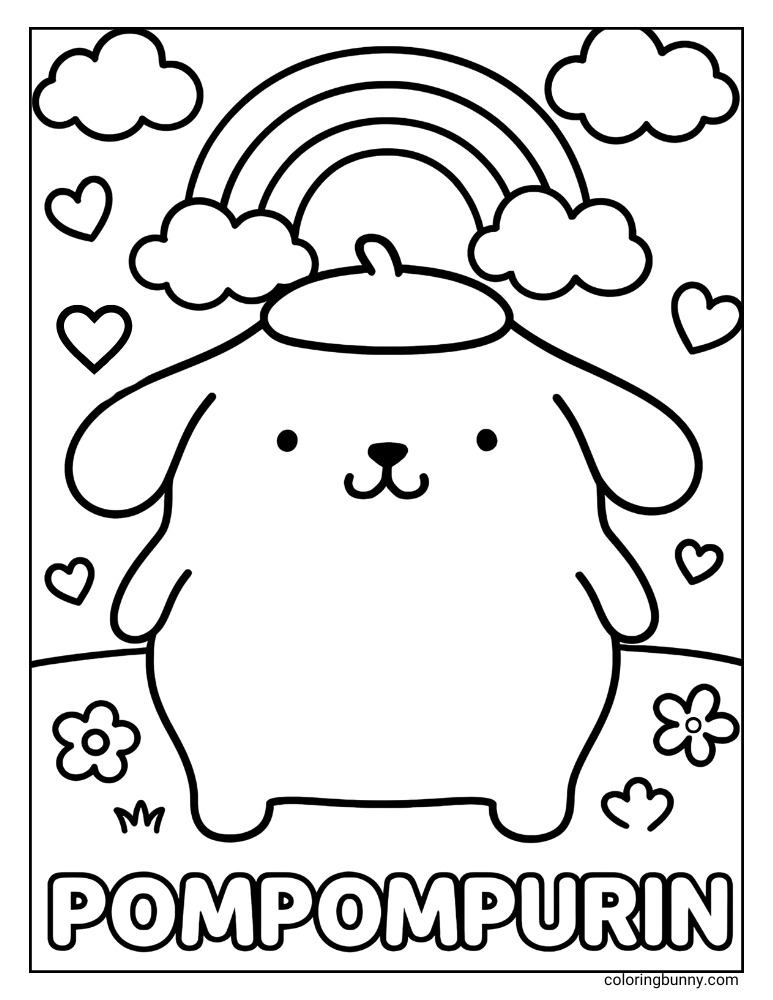 Pompompurin coloring page showcasing Pompompurin in a charming landscape. A vibrant rainbow stretches across the sky, accompanied by clouds and floating hearts, with flowers in the foreground.