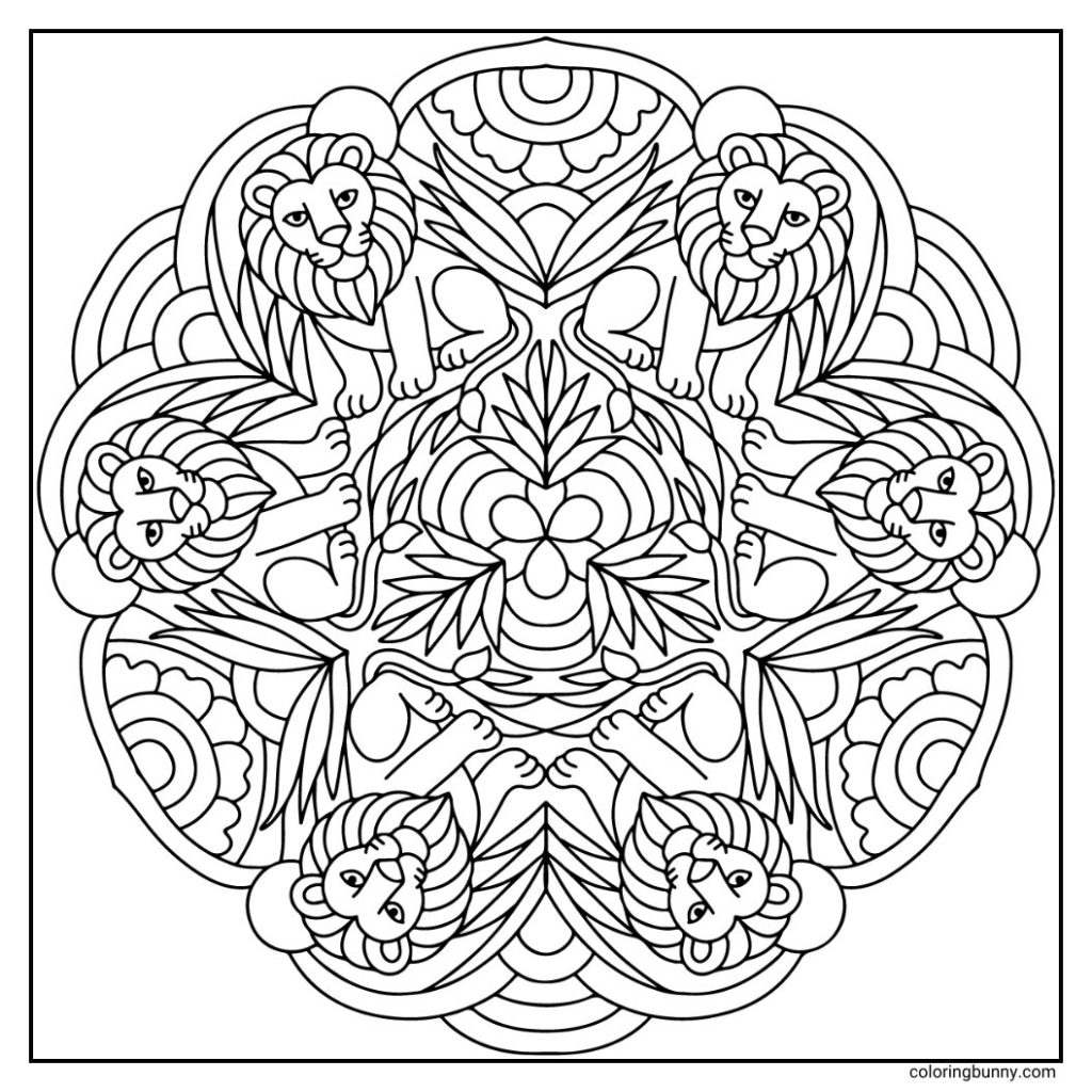 A powerful hand-drawn animal mandala coloring page depicting proud lions in a bold, circular arrangement. Their majestic manes radiate outward like sunbursts, surrounded by leaf patterns, and ornamental flourishes that emphasize strength and dignity. An inspiring design ideal for coloring with rich, regal tones.