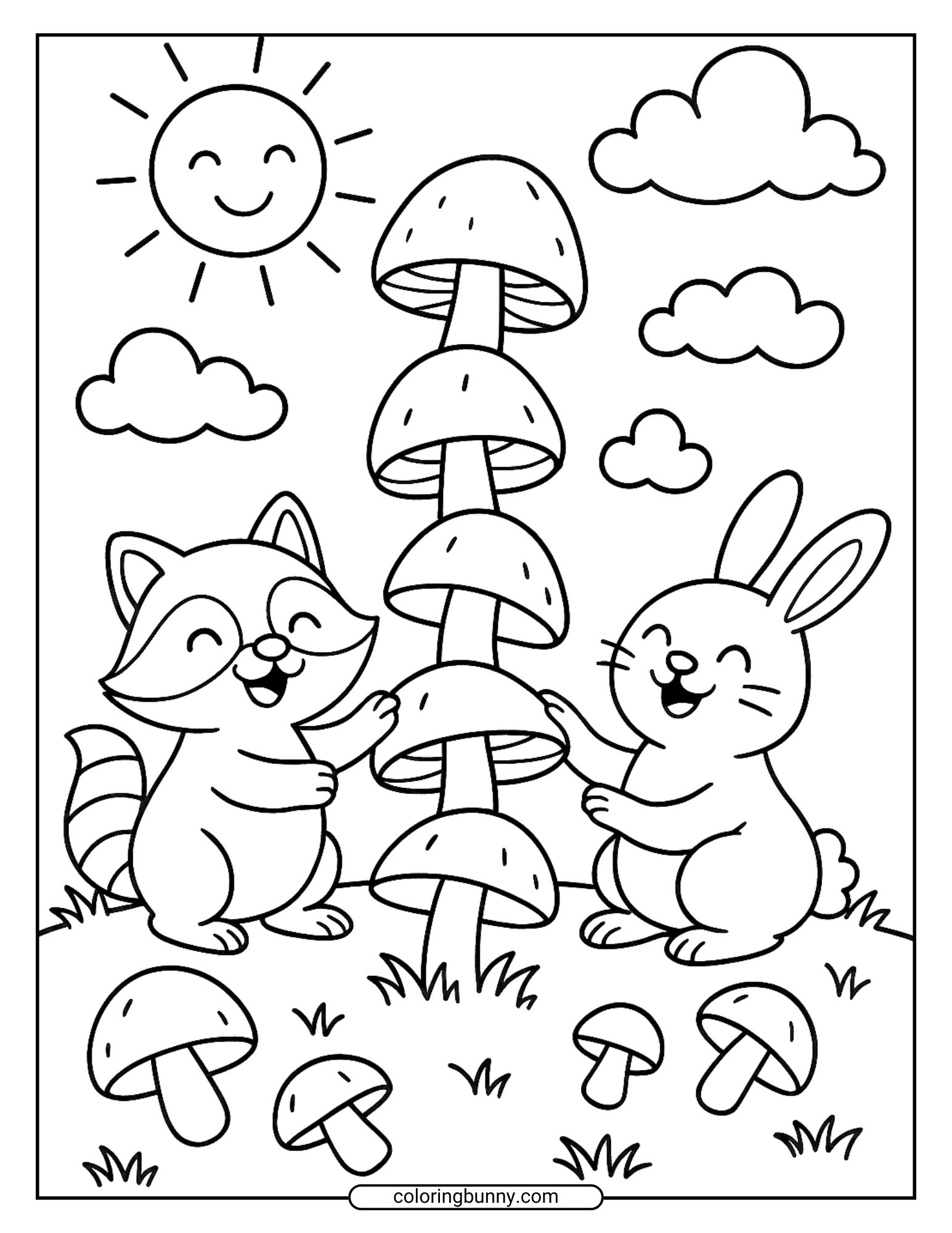 A whimsical mushroom coloring page for kids of a happy rabbit and raccoon stack large mushrooms on top of each other like a tower, with smiling suns, clouds, and mushrooms on the grass around them.