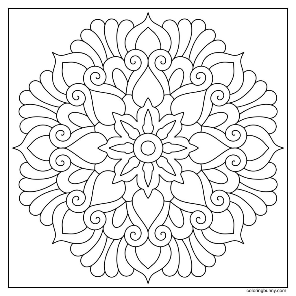 A hand-drawn mandala coloring page featuring a bright, star-like center surrounded by swirling arcs that spiral outward in smooth, continuous motion. The flowing curves create a sense of movement and light, as if the design is gently spinning. Its combination of radiance and fluidity makes it perfect for mindful coloring sessions that feel uplifting and energizing.