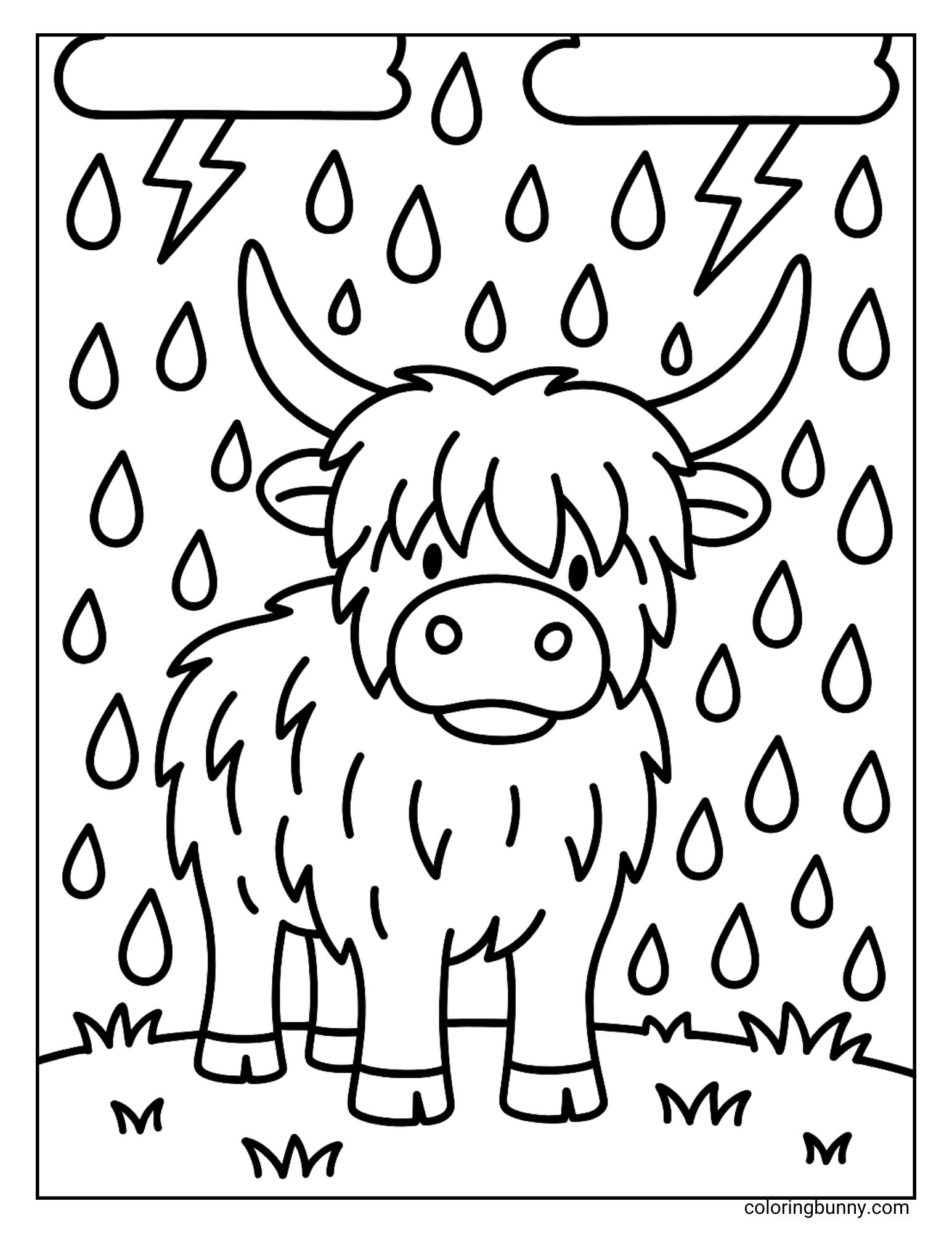 A black and white coloring page of a Highland cow standing in the rain with large raindrops, lightning, and clouds in the background.
