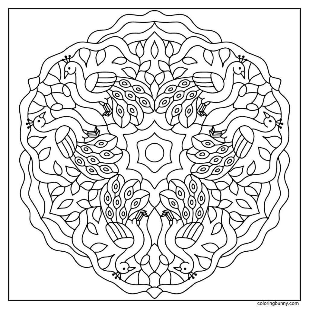 A lavish hand-drawn animal mandala coloring page showcasing regal peacocks arranged in a radiant circular formation. Each peacock displays ornate feathers fanned out in exquisite detail, surrounded by leaves and ornamental curls. A luxurious design perfect for vibrant, jewel-toned coloring.