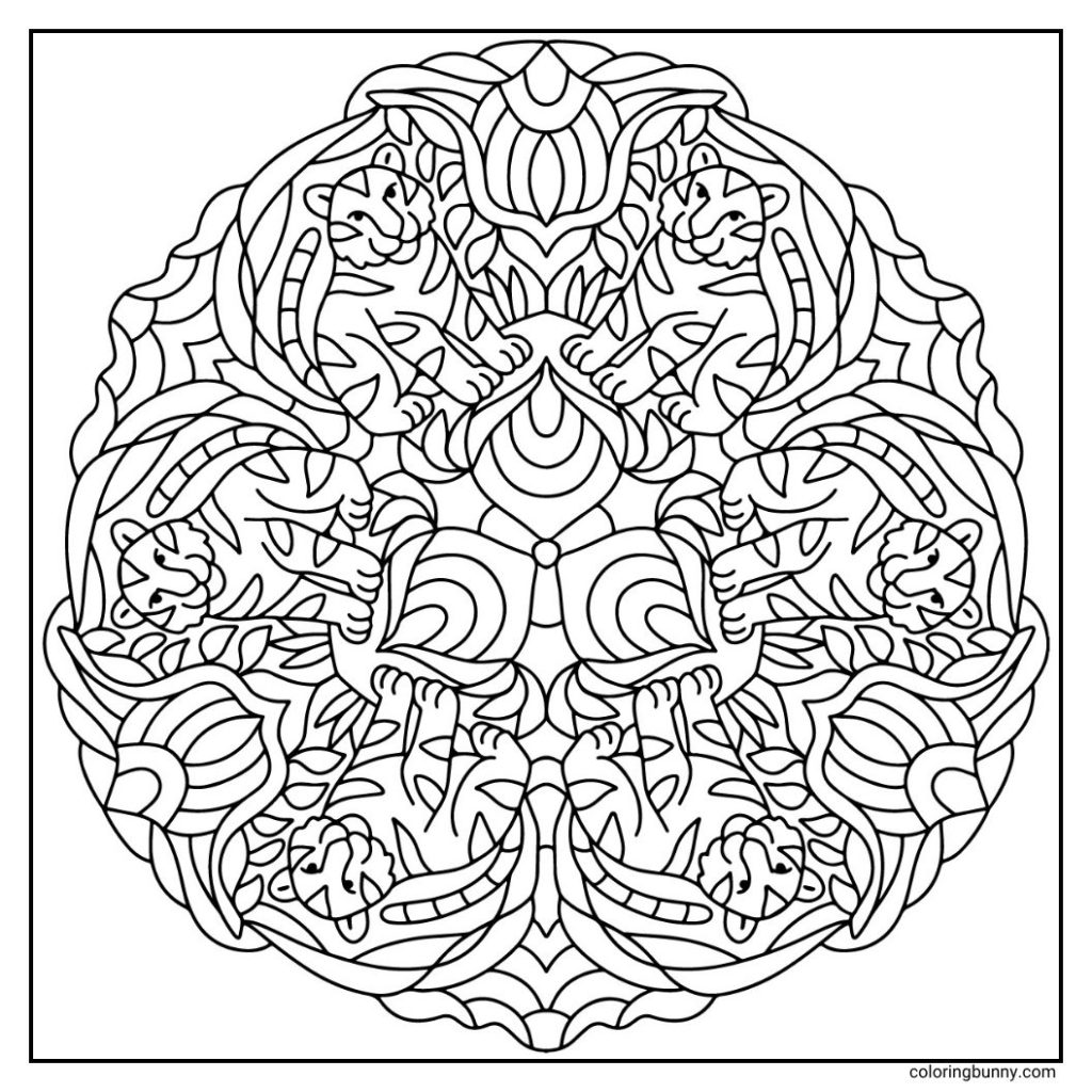 A dynamic hand-drawn animal mandala coloring page featuring roaming tigers in a fluid circular formation. Each tiger has detailed stripes, and powerful postures, framed by jungle leaves. A bold design perfect for adventurous color choices and expressive shading.