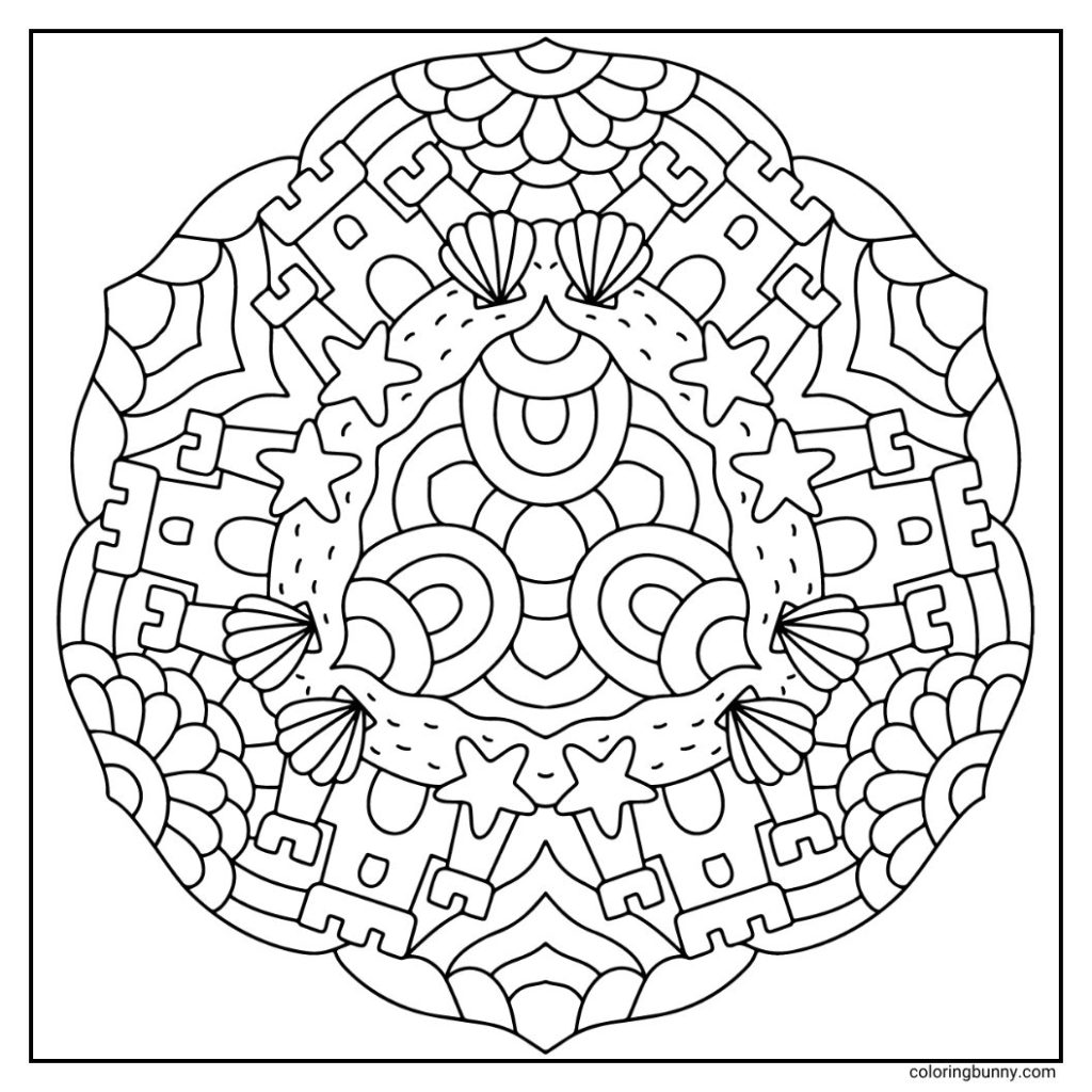 A hand-drawn summer mandala coloring page featuring a beach scene with sandcastles, starfish, and seashells surrounded by swirling and floral patterns. Perfect for bringing to life with bright, sunny colors that capture the fun and relaxation of a seaside holiday.