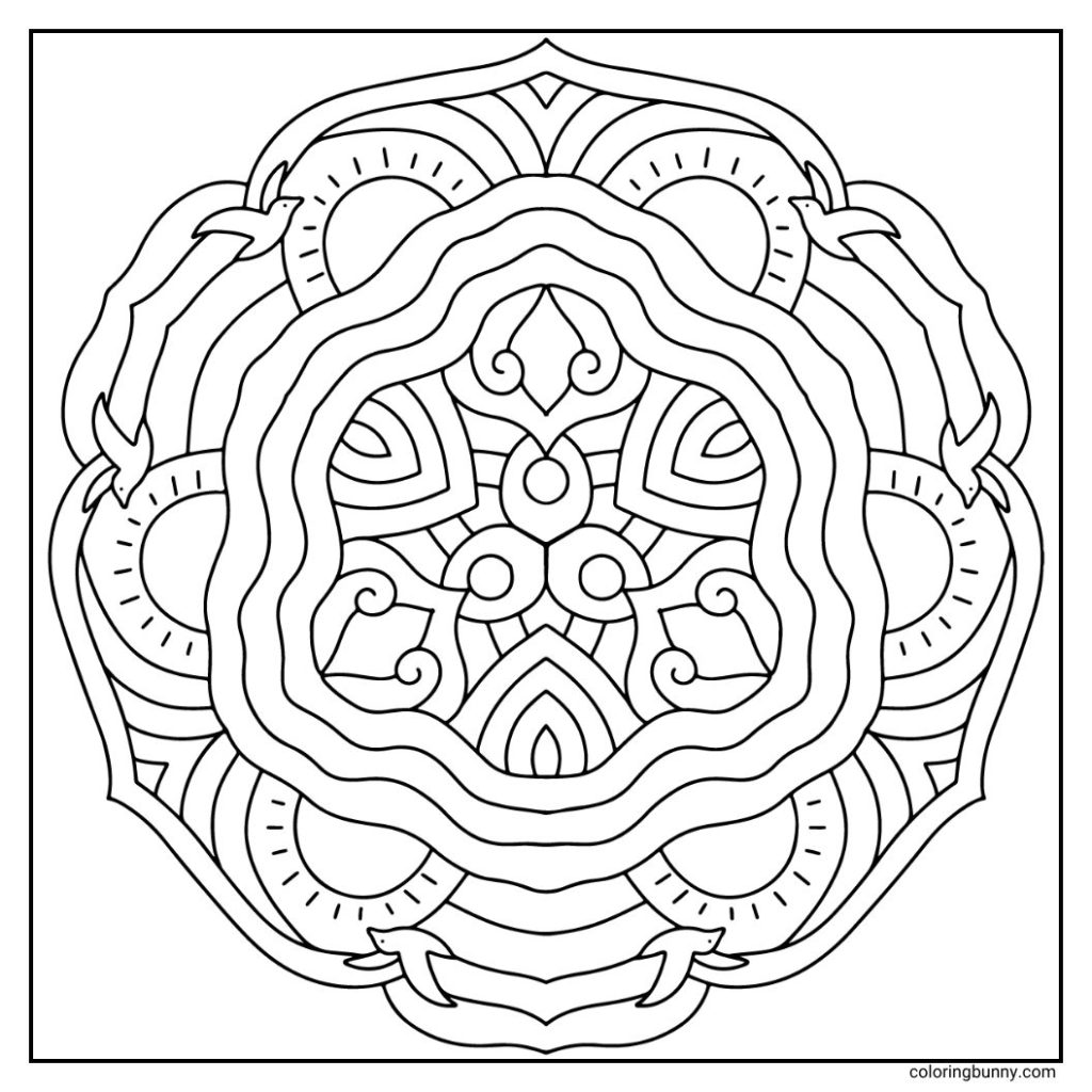 A hand-drawn summer mandala coloring page featuring soaring seagulls and radiant suns surrounded by swirling patterns. The lively composition captures the warmth and freedom of a sunny coastal day.