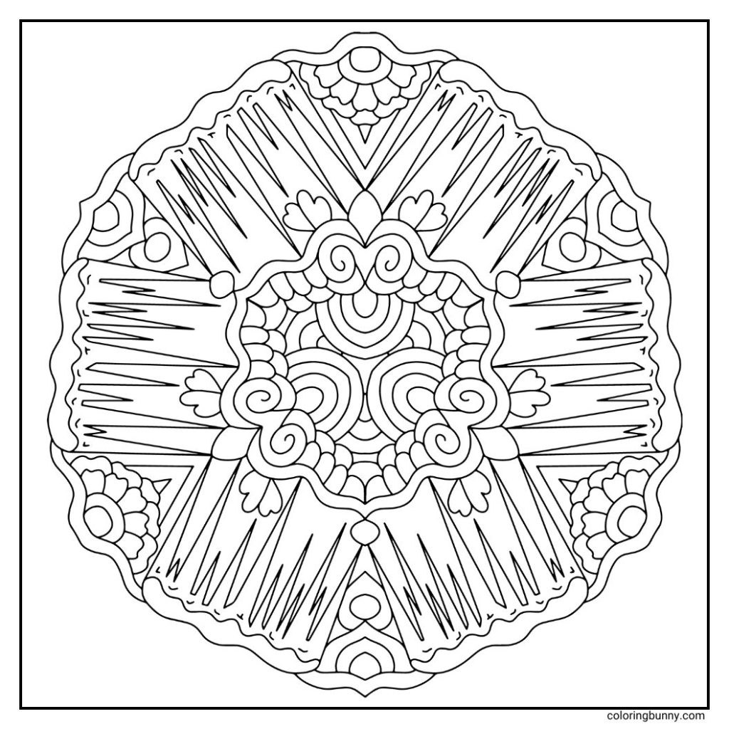 A bold hand-drawn winter mandala coloring page featuring six jagged glacier-like ice formations arranged in a sharp, symmetrical ring. Each ice peak is angular and dramatic, with layered inner lines suggesting cracks and frozen textures. Between the glacier shards are icy starburst shapes and geometric accents that enhance the frozen landscape feel. Ideal for cool blues, greys, and crisp white tones to evoke the chill of winter’s edge.