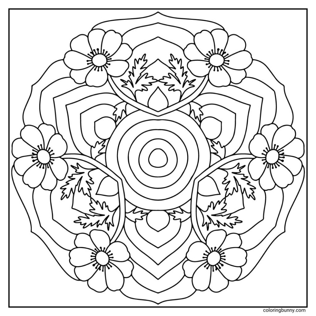 A delicate hand-drawn anemone flower mandala featuring a bold, open blossom with a central disc of clustered stamens, surrounded by smooth, rounded petals in a radial arrangement. Intricate linework forms repeating symmetrical patterns, blending floral elegance with ornamental mandala geometry for a harmonious and balanced design.