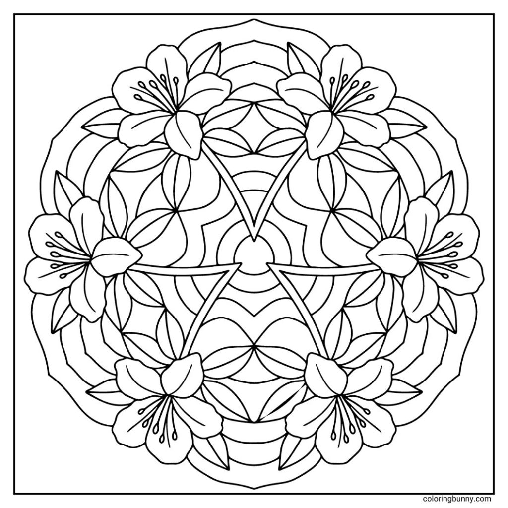 A simple hand-drawn azalea flower mandala with layered, ruffled petals radiating from the center, framed by smooth, pointed leaves that create a balanced and harmonious circular pattern.
