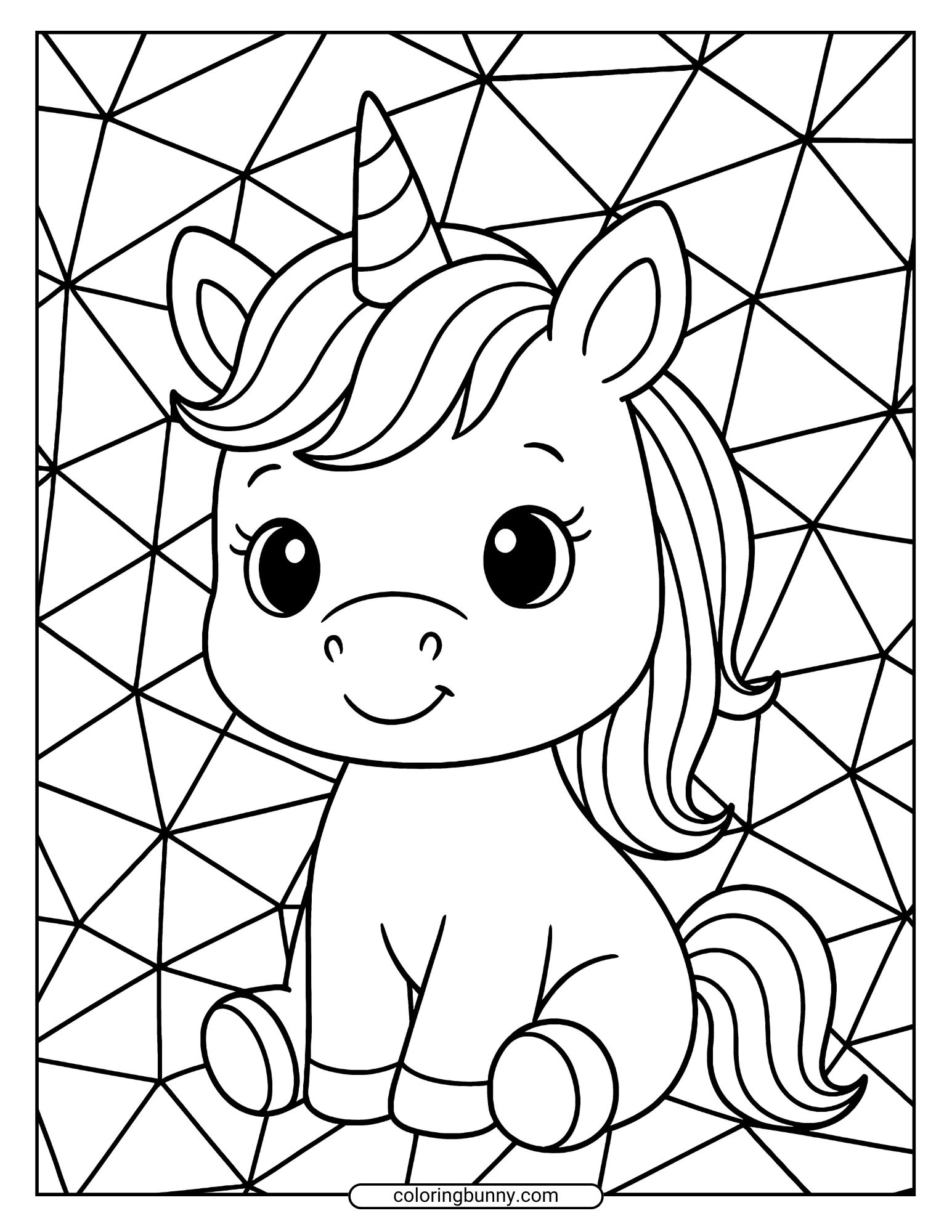 Baby unicorn coloring page showing a sweet unicorn with a joyful smile in front of an abstract geometric background, adding a modern twist to classic unicorn coloring fun.