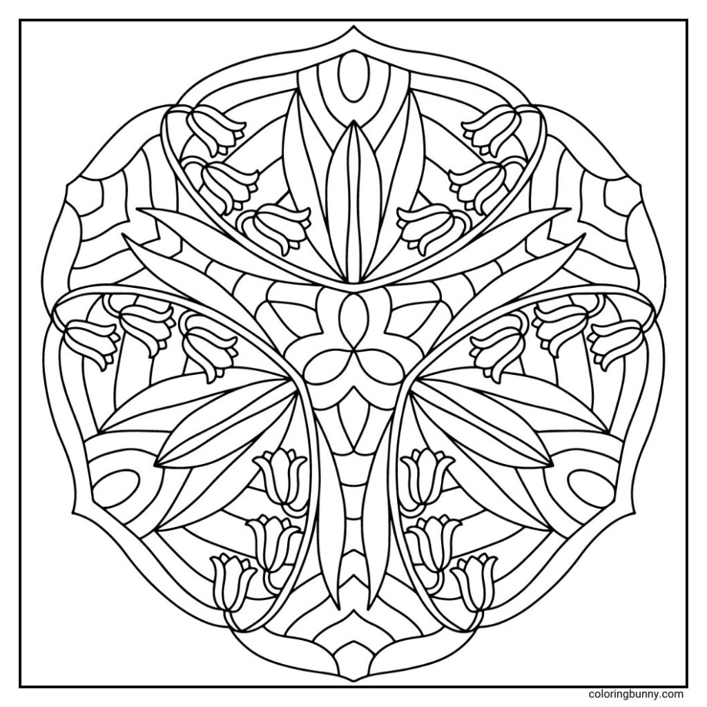 A charming hand-drawn bluebell flower mandala featuring clusters of bell-shaped blooms dangling gracefully from arching stems, surrounded by slender, pointed leaves, all arranged in a flowing radial pattern that evokes the bluebell’s gentle woodland beauty.