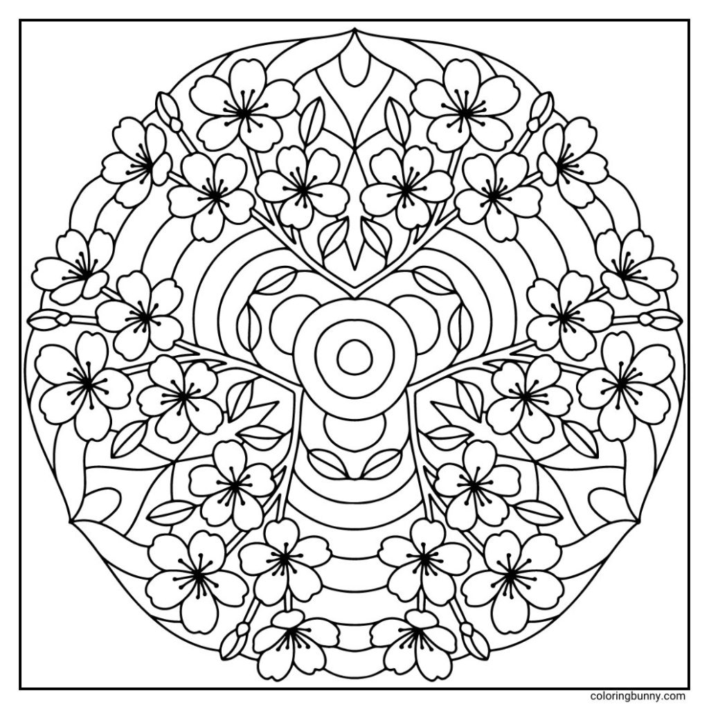 A simple hand-drawn cherry blossom flower mandala with delicate, rounded petals forming soft blooms, accented by small clusters of stamens, and framed with gently curved leaves that add flow and balance to the circular design.