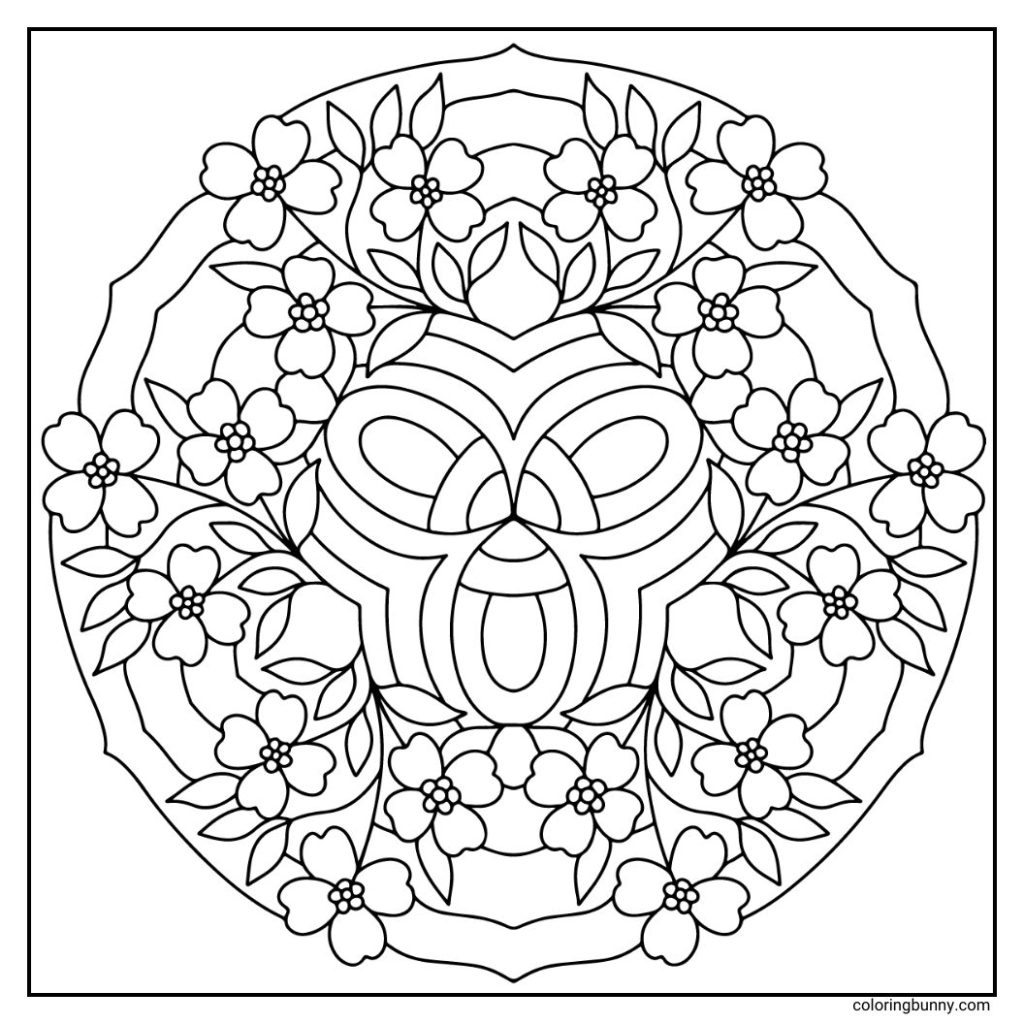 A simple hand-drawn dogwood flower mandala with four broad, rounded petals encircling a small central cluster, accented by delicate leaves that complete the balanced, circular design.