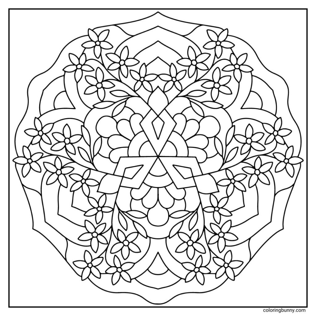 A simple hand-drawn forsythia flower mandala with clusters of slender, four-petaled blooms radiating outward, framed by elongated leaves that enhance the lively, symmetrical design.