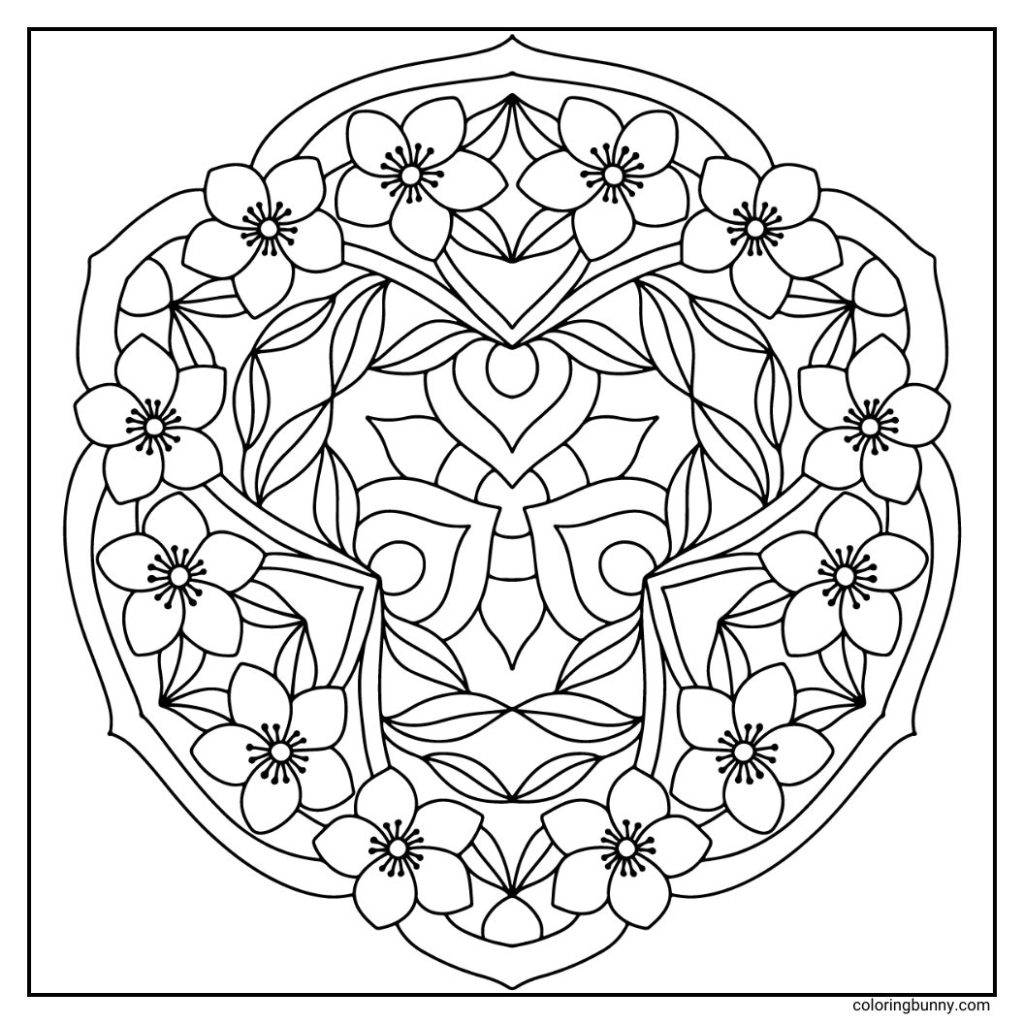 A detailed hand-drawn hellebore flower mandala featuring layered, rounded petals arranged in a symmetrical circular pattern, accented with delicate stamens and veined foliage, radiating outward to create a balanced and harmonious ornamental design that reflects the hellebore’s winter-blooming elegance.
