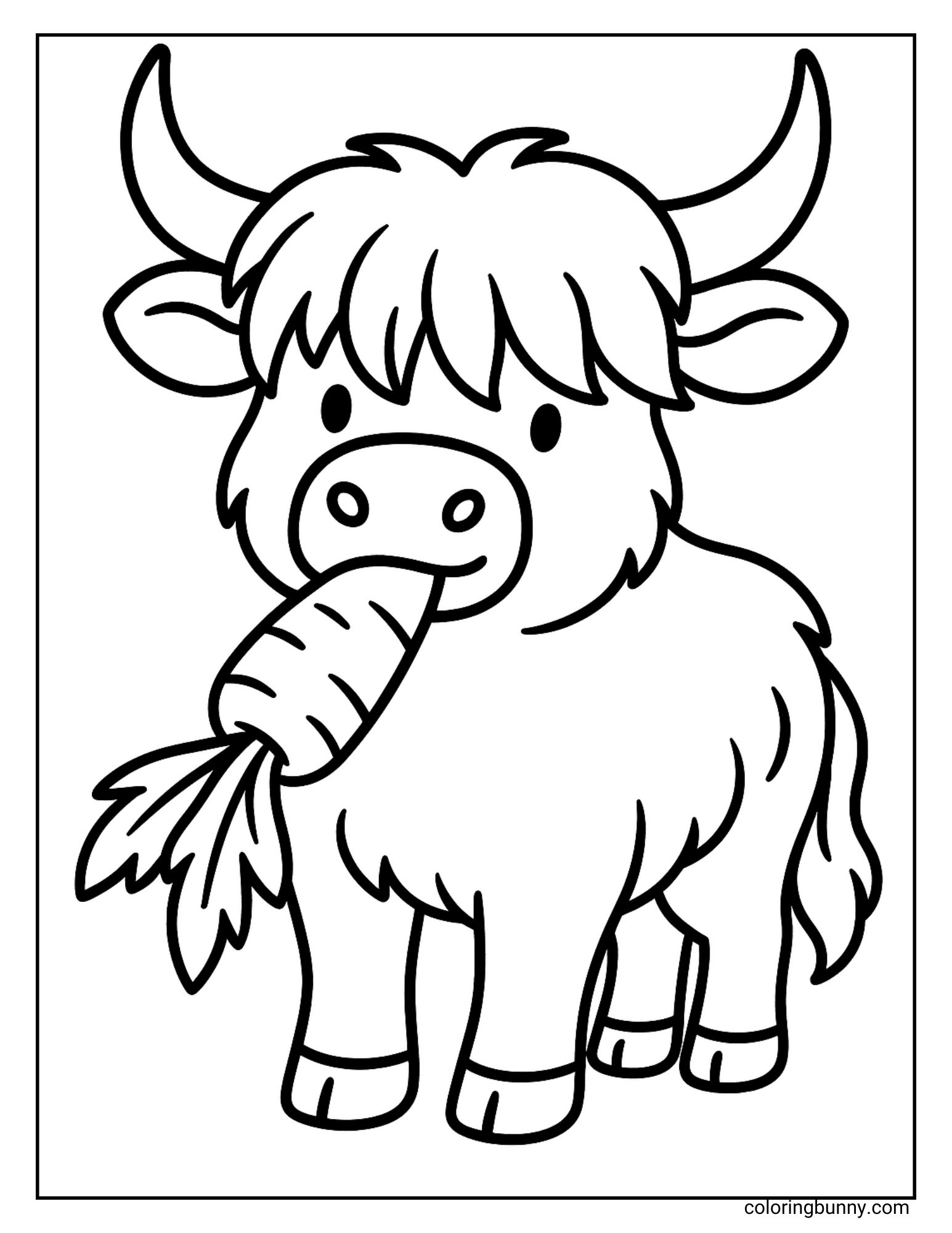 Printable Highland cow coloring page featuring a cute cow with a carrot in its mouth.