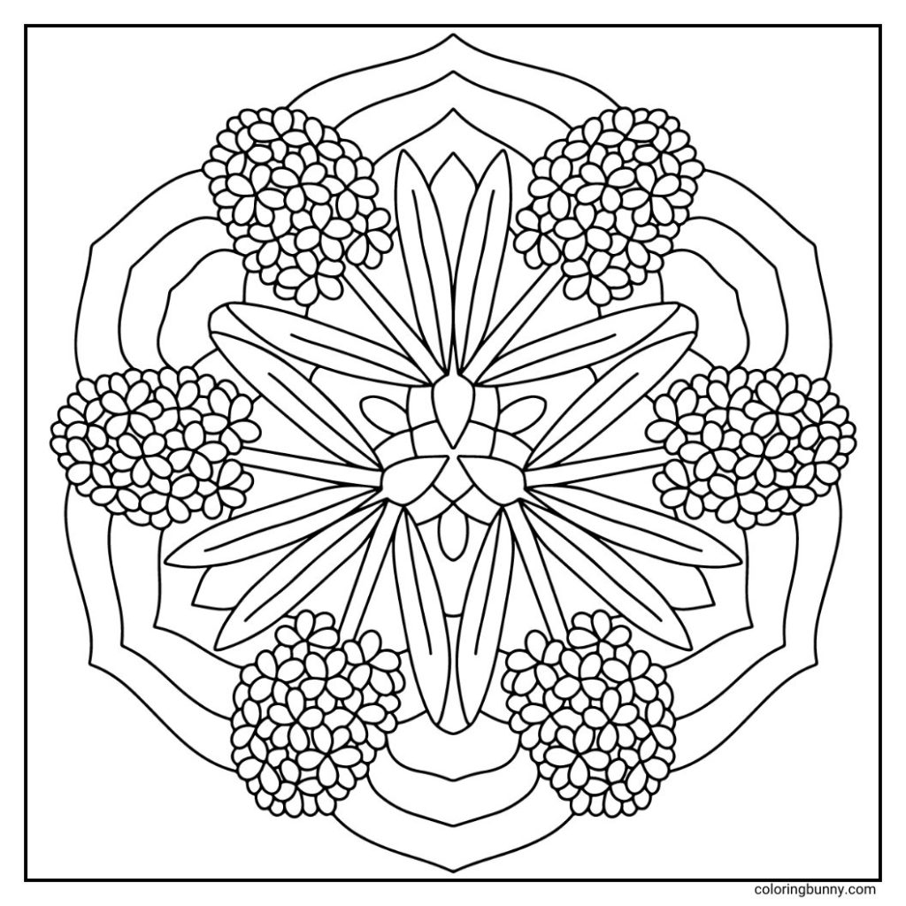A simple hand-drawn hyacinth flower mandala with clusters of small, star-shaped blossoms radiating from the center, framed by long, smooth leaves that curve gracefully between the floral layers, creating a soft yet detailed symmetrical pattern.