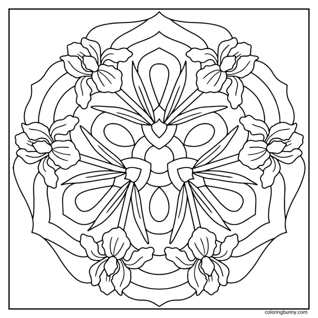 An elegant hand-drawn iris flower mandala featuring intricate, ruffled petals radiating outward in a layered arrangement, interwoven with tall, slender leaves and delicate scrollwork, all forming a balanced circular design that captures the iris’s graceful, ornamental beauty.