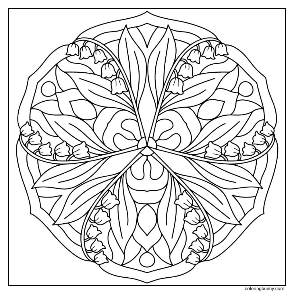A simple hand-drawn lily of the valley flower mandala with delicate, bell-shaped blooms hanging gracefully from curved stems, surrounded by broad, arching leaves that frame the design in a soft, symmetrical flow.