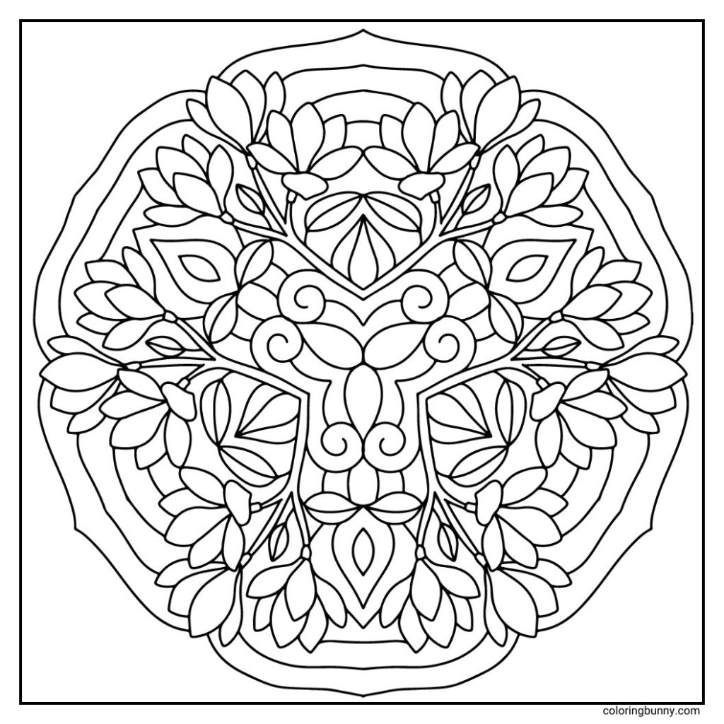 A simple hand-drawn magnolia flower mandala with large, overlapping petals radiating outward in soft curves, surrounded by smooth, elongated leaves that frame the design and enhance its gentle, symmetrical flow.