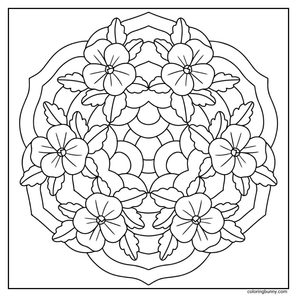 A finely detailed hand-drawn pansy flower mandala featuring the iconic overlapping petals with their soft, rounded edges and characteristic “face” pattern at the center. The mandala radiates outward, combining the organic curves of the petals with symmetrical, ornamental details to create a balanced and visually rich floral design.