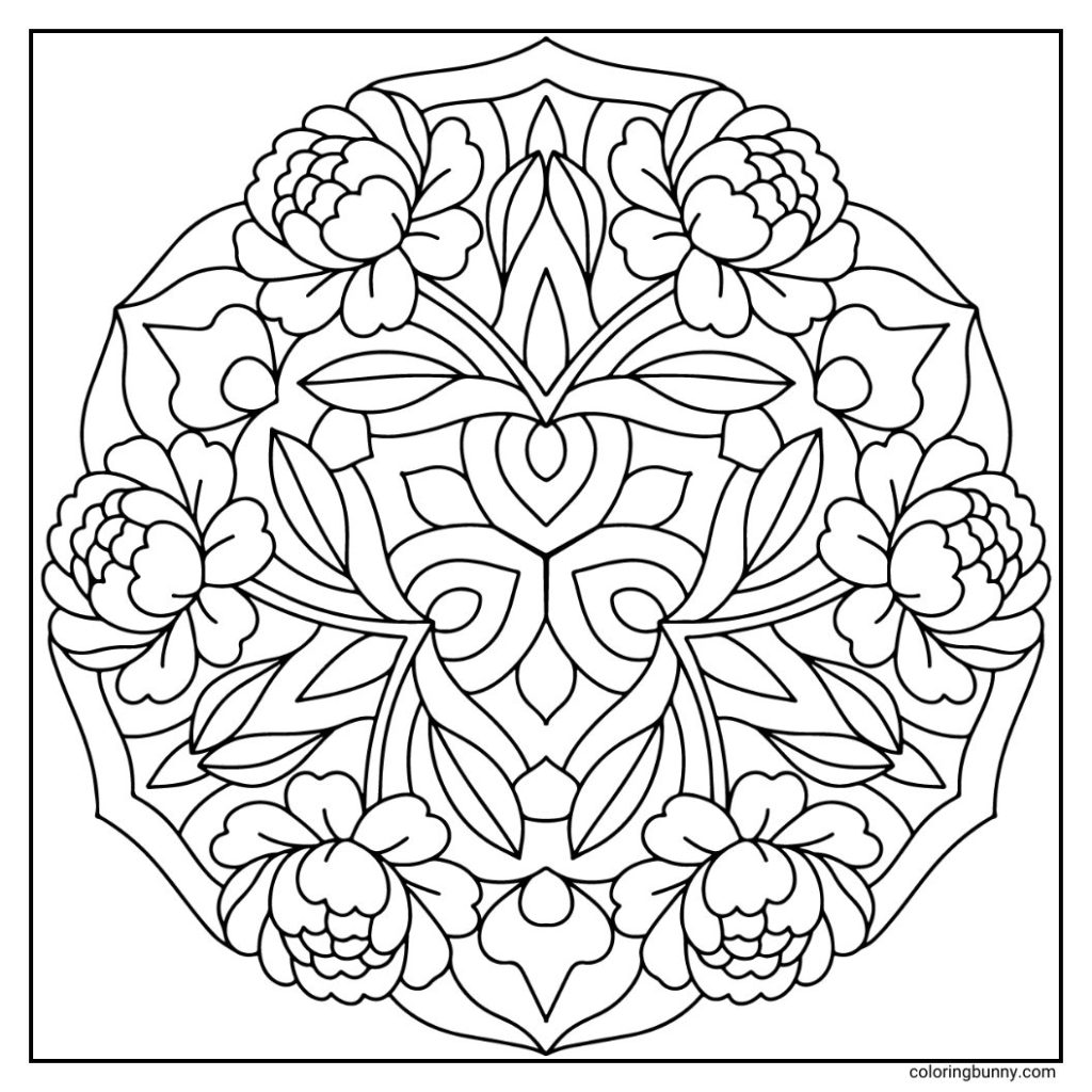 A simple hand-drawn peony flower mandala with lush, layered petals radiating from the center in a soft, rounded form, surrounded by broad, gently curved leaves that create a balanced and harmonious frame.