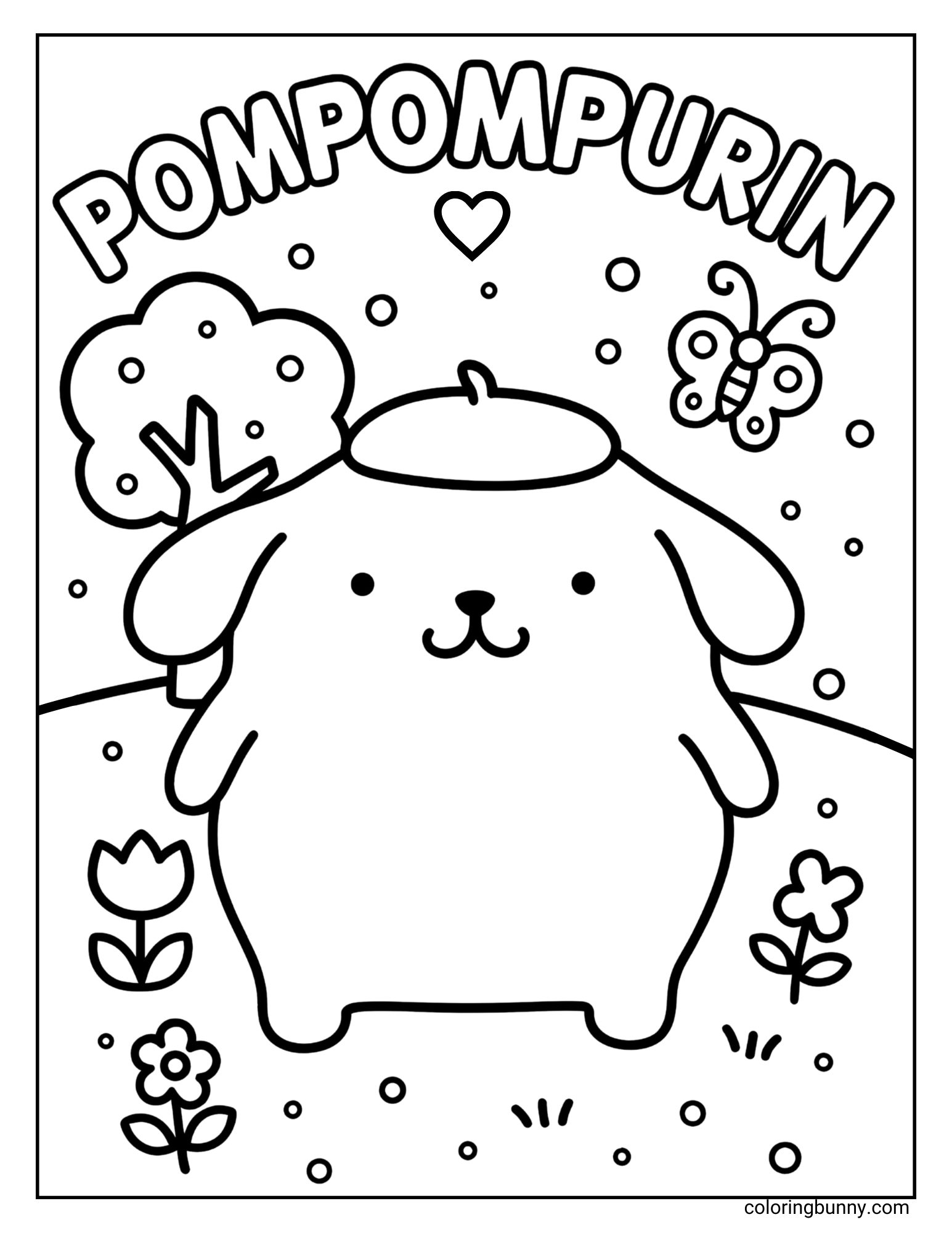 A simple Pompompurin standing in a field with flowers, a tree, and a butterfly, on this easy Pompompurin coloring page.