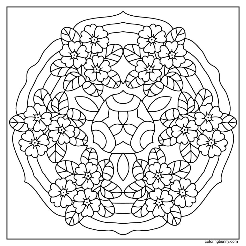 A simple hand-drawn primrose flower mandala with soft, rounded five-petaled blooms radiating from the center, surrounded by textured leaves that add depth and balance to the delicate, symmetrical design.