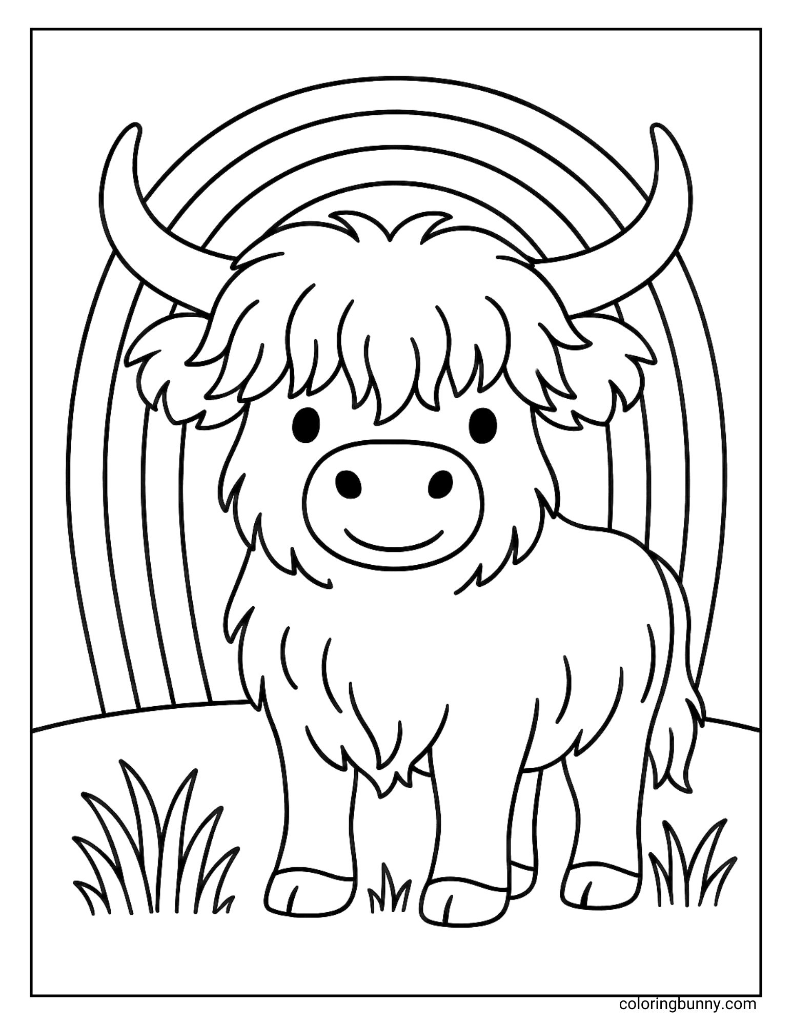 A black and white coloring page of a Highland cow standing in a field with a rainbow in the background.