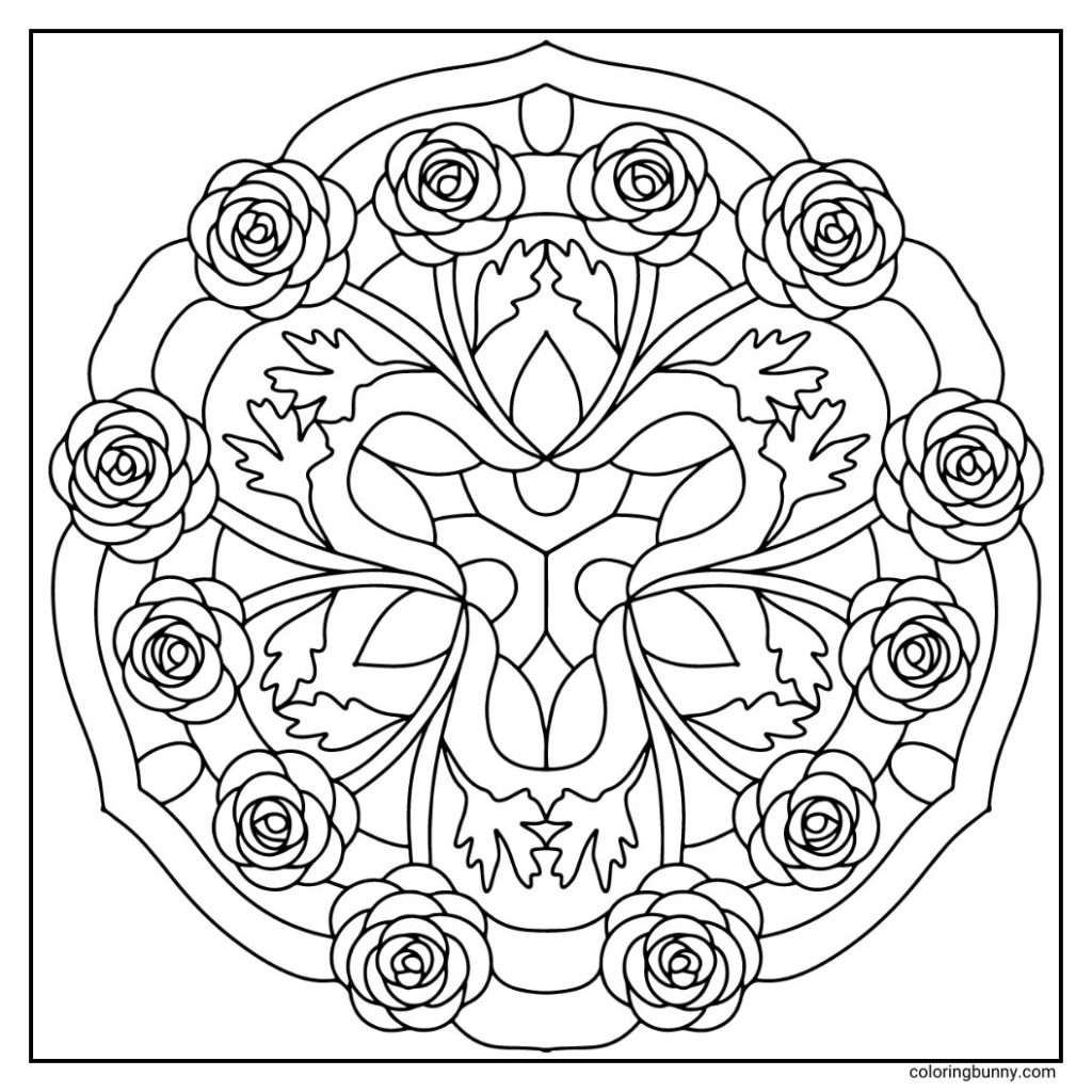 A detailed hand-drawn ranunculus flower mandala with its signature layered, paper-thin petals arranged in tight, concentric rings. The intricate mandala design radiates from the dense floral center, blending organic petal shapes with geometric symmetry, creating a rich, textured, and harmonious pattern.