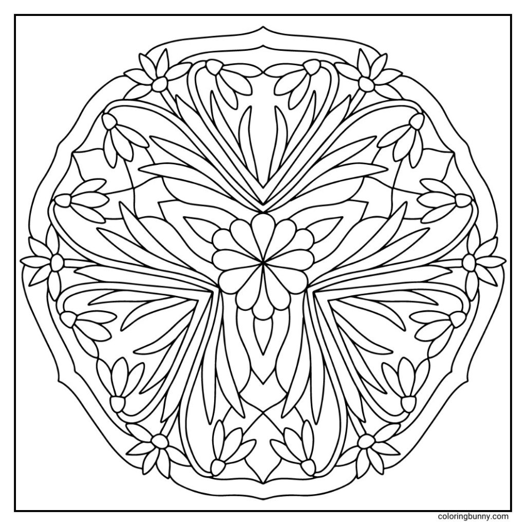 A delicate hand-drawn snowdrop flower mandala featuring graceful, drooping blossoms encircled by slender, arching leaves, arranged in a harmonious radial pattern that captures the snowdrop’s gentle and pure elegance.