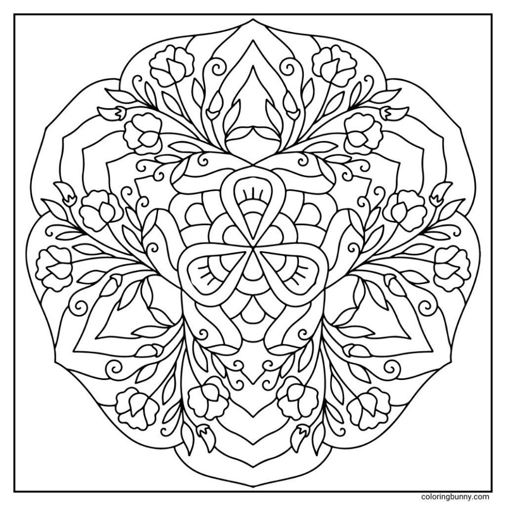 A delicate hand-drawn sweet pea flower mandala designed with soft, curling petals and slender stems arranged in perfect symmetry. The intricate line work captures the plant’s graceful, fluttering blooms, framed by tendrils and leaf accents that radiate outward for a balanced, elegant floral pattern.