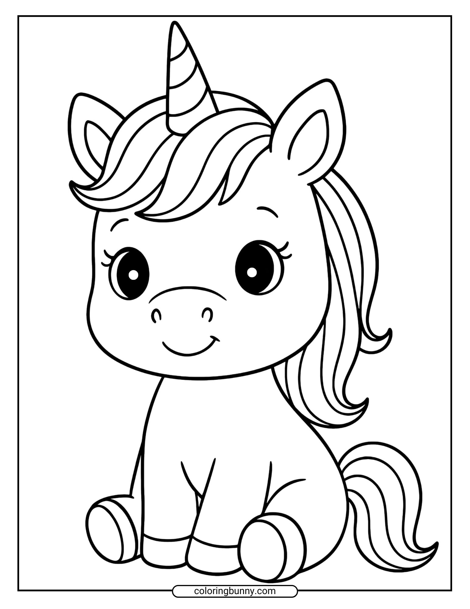 Simple baby unicorn coloring page featuring a cute sitting unicorn with a happy expression and flowing mane, great for an easy and relaxing coloring session.