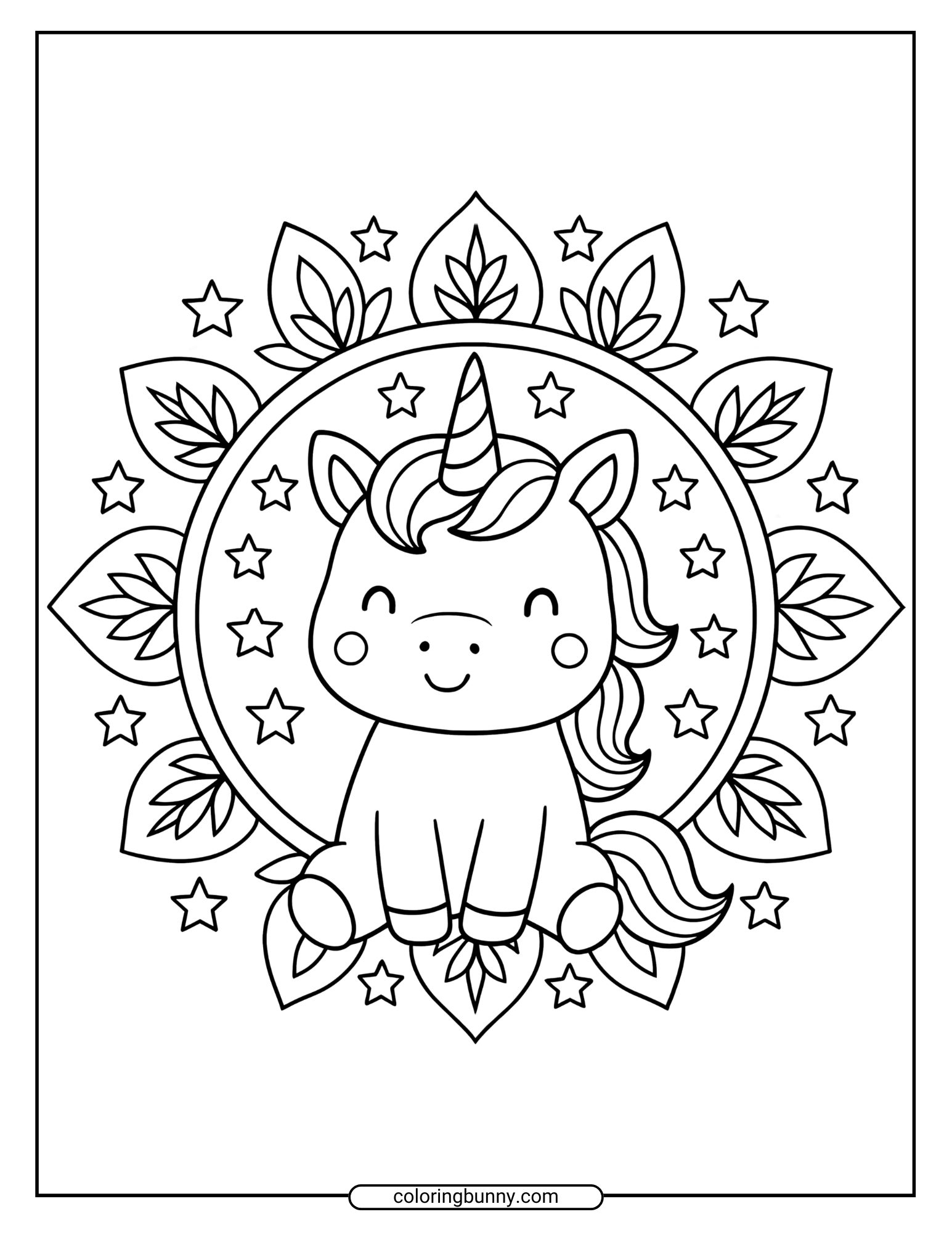 A cheerful baby unicorn sits at the center of a leafy mandala dotted with stars in this black-and-white coloring page. It’s a playful blend of nature and magic, perfect for kids who love whimsical designs.
