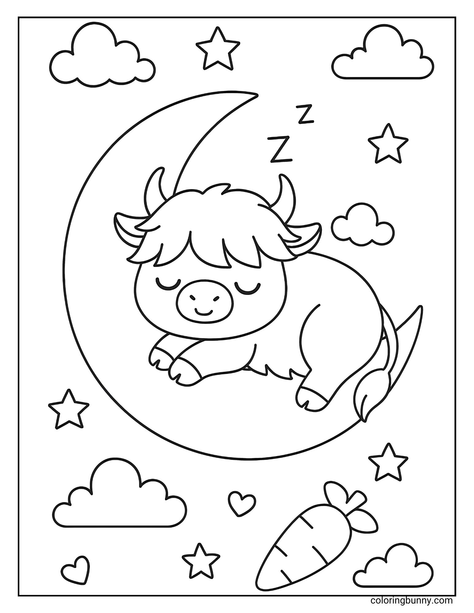Highland Cow sleeping on a cresent moon surrounded by stars coloring page