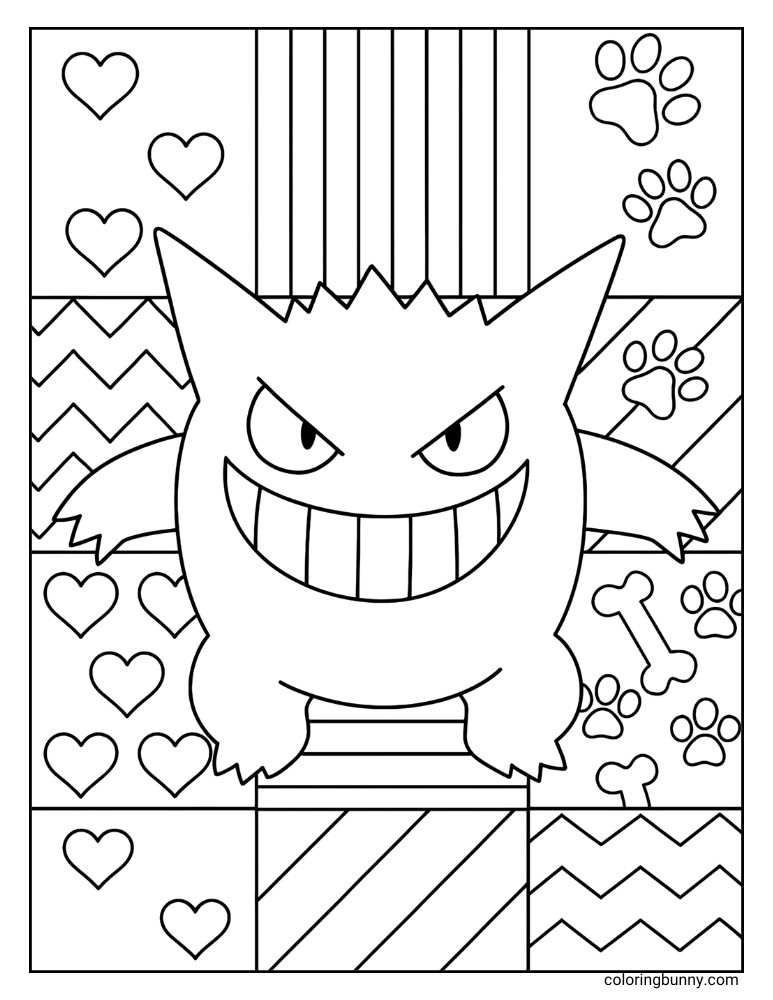 Gengar coloring page featuring the grinning Pokémon against a patchwork background of various patterns like zigzags, stripes, hearts, paw prints, and bones.