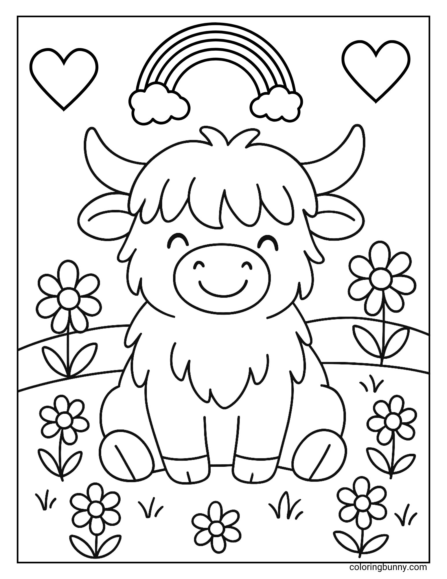 A black and white coloring page of a smiling Highland cow sitting in a meadow, surrounded by flowers, hearts, and a rainbow.