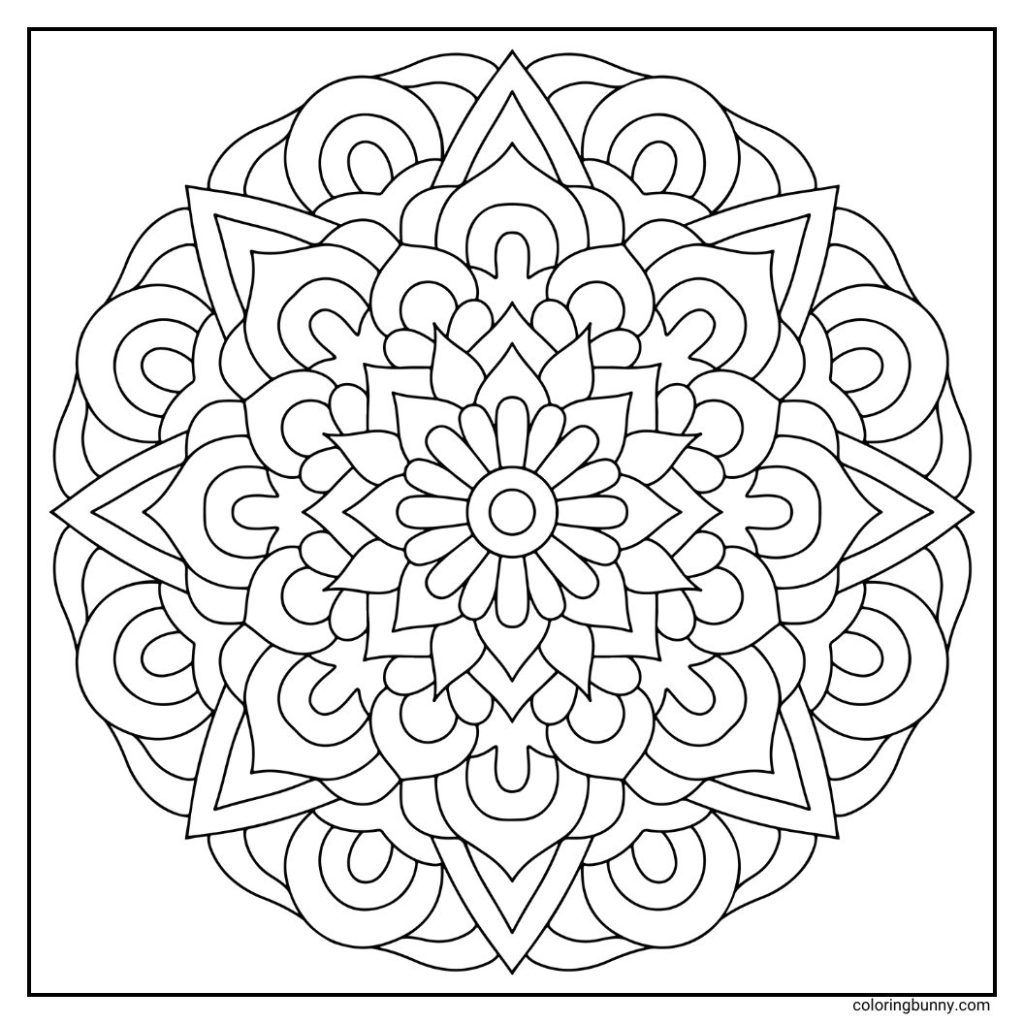 A hand-drawn mandala coloring page radiating from a sun-like core, where layered petals resemble both flower rays and beams of light. The design alternates between rounded blossoms and pointed arcs, giving the impression of a sunflower meeting the sun itself. Its balance of warmth and symmetry creates an uplifting, radiant pattern - perfect for mindful coloring.